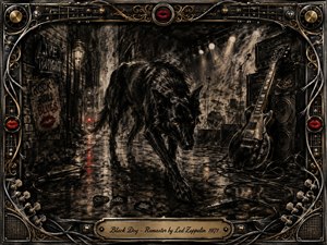 A powerful black dog prowls through a shadowy, rain-slicked rock alley beside guitars, amplifiers, drums, and tangled cables. Deep charcoal textures, smoky blacks, bronze highlights, and piercing amber eyes create a dangerous nocturnal mood. Ornate metallic framing, guitar strings, red lips, and engraved detailing give the scene gritty vintage grandeur.