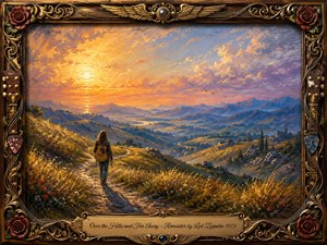 A lone traveler carrying an acoustic guitar follows a winding path through sunlit hills toward distant blue mountains. Golden grasses and wildflowers glow beneath a dramatic orange, lavender, and blue sky, creating a wistful, adventurous mood. Rich oil-paint textures and an ornate wood-and-gold musical frame enhance the nostalgic rock-inspired atmosphere.