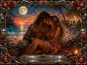 A romantic bohemian couple embraces on a moonlit tropical beach beneath palms, glowing sunset clouds, and a luminous full moon. Warm amber, crimson, turquoise, and gold tones create a sensual, nostalgic mood. Rich oil-paint textures, roses, musical notes, guitars, microphones, vinyl records, and ornate chrome-gold framing surround the intimate scene.