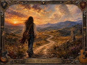 A long-haired traveler carrying a guitar follows a winding path through rugged golden hills toward distant blue mountains beneath a glowing sunset. An ethereal woman emerges softly from the clouds, adding mystery and longing. Rich oil-paint textures, warm amber light, wildflowers, carved stones, and an ornate musical frame create a nostalgic, adventurous atmosphere.