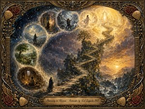 A luminous stone stairway winds upward through rugged mountains toward a radiant celestial realm, surrounded by glowing clouds, stars, and dreamlike memory bubbles. Rich gold, midnight blue, and earthy tones create a mystical, contemplative mood. An ornate guitar-inspired frame, roses, wings, musical details, and an engraved title plate complete the painterly composition.