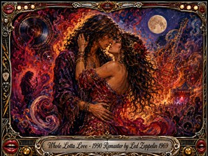 A passionate bohemian couple nearly kisses amid a fiery psychedelic rock dreamscape, framed by swirling crimson, orange, purple, and midnight-blue energy. Moonlight, glowing guitars, vinyl motifs, distant concert crowds, and speaker forms enrich the scene. Lush painterly textures, dramatic warm lighting, and ornate chrome-and-gold framing create a sensual vintage-rock atmosphere.