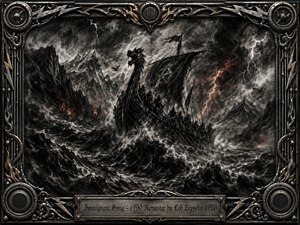 A fierce Viking longship battles towering black waves beneath lightning-split mountains and storm clouds, evoking raw power, conquest, and relentless motion. Deep charcoal textures dominate, accented by ember-red glows and stark white flashes. An ornate dark-metal frame with speaker-like details surrounds the dramatic scene, finished with an engraved title plate.