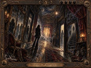 A lone figure stands within a decaying, mirror-lined theater corridor, surrounded by ghostly silhouettes, crimson drapery, and warped reflections. Smoky shadows, tarnished bronze, dark wood, and amber stage light create a hypnotic, uneasy mood. Rich painterly textures, ornate framing, and dramatic perspective evoke psychological confusion, isolation, and haunted grandeur.