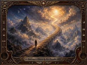 A solitary traveler stands before a glowing stone stairway rising through rugged, cloud-filled mountains toward a radiant celestial light. Deep blues, smoky grays, and warm golds create a mystical, contemplative mood. Painterly textures, dramatic illumination, starry skies, and an ornate guitar-inspired frame give the scene timeless rock grandeur.