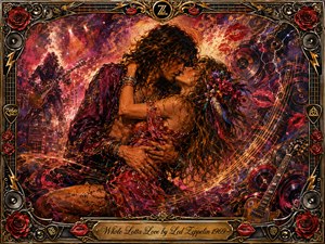 A passionate hippie couple embraces amid a psychedelic rock dreamscape of guitars, speakers, roses, and swirling musical energy. Crimson, purple, gold, and smoky blue tones glow beneath dramatic stage lighting. Rich oil-like textures create a sensual vintage atmosphere, framed by ornate metallic details, red lips, lightning motifs, and an engraved title plate.
