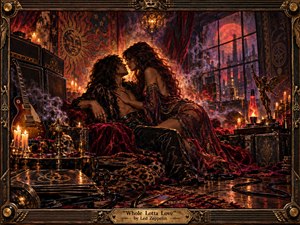A smoky, candlelit rock boudoir centers on an almost-kissing couple draped in velvet and shadow, framed by amplifiers, a guitar, incense, and glowing curios. Crimson, amber, and violet tones bathe the scene in sensual warmth, while the ornate metallic frame, moonlit industrial window, and lush painterly textures create a decadent, psychedelic 1970s atmosphere.