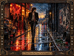 A lone, dark-haired rocker walks through a rain-soaked city street between a glowing red-orange music club and a shadowy blue-gray alley. Wet pavement mirrors neon and streetlights, while torn posters, broken glass, and a wilted rose add melancholy. Rich oil-paint textures, dramatic lighting, and an ornate guitar-inspired frame create gritty late-1960s atmosphere.
