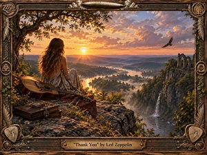 A solitary woman rests beside an acoustic guitar on a rocky overlook, watching a glowing sunset spill across a misty river valley, distant ruins, and a waterfall. Warm amber light, deep greens, bronze details, and dramatic clouds create a tender, reflective mood, framed in richly carved vintage metal and wood.