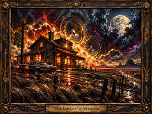 A weathered roadside house and vintage muscle car stand beneath a violent, electrified night sky, where enormous speaker cones pulse among fiery clouds and a luminous moon. Rich oranges, blacks, blues, and golds create a charged, sensual mood, rendered in dramatic painterly detail with wet reflections, windswept grass, and an ornate musical frame.