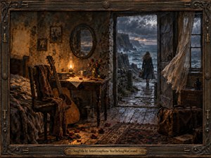 A solitary woman leaves a weathered seaside cottage toward a storm-darkened coast, framed by windblown curtains and crashing waves. Warm amber lamplight contrasts with cold blue-gray skies, creating a mood of heartbreak and resolve. Rich painterly textures, worn wood, an acoustic guitar, scattered petals, luggage, and ornate metal framing deepen the sense of departure.