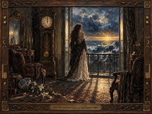 A solitary woman stands before an open balcony overlooking a storm-tossed sea as golden dawn breaks through blue-gray clouds. Inside the shadowed antique room, a grandfather clock, cracked mirror, fallen lilies, and empty chairs suggest reckoning and change. Rich oil-and-encaustic textures, warm amber light, and carved wood framing create a dramatic, timeless mood.