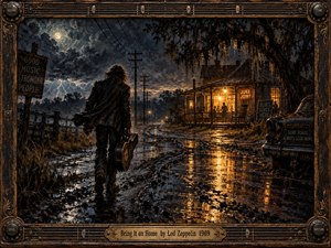 A lone guitarist walks a rain-soaked country road toward a glowing juke joint beneath a turbulent moonlit sky. Deep blues, black shadows, and warm amber reflections create a brooding yet welcoming mood. Painterly textures, wet ruts, telephone poles, mossy trees, and an ornate guitar-inspired frame evoke gritty, soulful blues tradition.