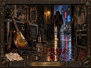 A lone, stylish figure walks from a battered backstage corridor into a rain-soaked neon city, leaving a worn sunburst guitar and shattered red heart behind. Warm amber light clashes with cold blues and crimson reflections, while smoke, road cases, posters, cables, and distressed textures create a gritty, cinematic 1970s rock atmosphere.