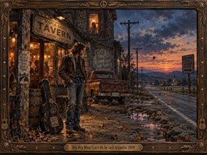 A solitary young man stands outside a weathered roadside tavern at twilight, framed by autumn leaves, a battered pickup, and an empty highway fading toward distant hills. Warm amber windows contrast with cool blue-purple skies, creating a wistful, restless mood. Painterly textures, reflections, rustic woodwork, and musical details evoke 1970s Americana.