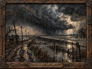 A storm-lashed floodplain stretches beneath towering black clouds as muddy water engulfs fields, fences, and a lonely road lined with leaning poles. Lightning glows through smoky grays, browns, and tarnished silver, while a dim cabin light adds warmth. Thick, weathered paint textures and a rugged wood-and-metal frame intensify the ominous, handcrafted atmosphere.