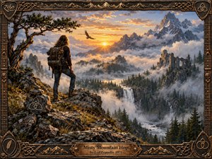 A lone traveler stands on a rugged mountain ridge overlooking mist-filled valleys, waterfalls, pine forests, and distant ruins beneath dramatic peaks. Warm golden sunrise light cuts through cool blue-gray fog, creating an adventurous, mystical mood. Rich oil-paint textures, rocky detail, soaring birds, and an ornate bronze frame enhance the epic composition.