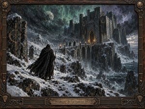 A lone cloaked traveler crosses a snowbound, rocky coast toward a towering fortress glowing with distant torchlight. Storm clouds, a pale moon, and green-blue auroral skies deepen the ominous mood. Cold grays, black, bronze, and icy teal dominate the richly textured, painterly scene, enclosed by an ornate weathered frame.