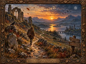 A lone wanderer carrying a guitar follows a winding mountain path through autumn ruins toward a glowing lakeside horizon. Warm gold, amber, and rust tones contrast with cool blue peaks and moonlit clouds. Painterly textures, dramatic sunset light, circling birds, ancient stonework, and an ornate carved frame create a reflective, adventurous mood.