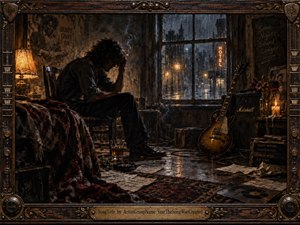 A weary musician sits hunched in a dim, rain-soaked room beside a resting guitar and amplifier. Amber lamplight and candles contrast with cold blue city reflections beyond the window, creating a brooding, intimate mood. Rich painterly textures, worn wood, scattered papers, smoky shadows, and an ornate instrument-inspired frame deepen the blues-rock atmosphere.