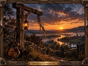 A weathered gallows post, glowing lantern, battered acoustic guitar, and abandoned hat overlook a misty river valley at sunset. Warm amber light cuts through brooding blue-gray clouds, balancing beauty with unease. Rustic stone walls, distant church towers, and a carved wood-and-metal frame create a handcrafted, folk-inspired atmosphere of tension and fate.