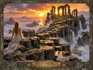 A solitary woman in flowing white sits on weathered basalt terraces overlooking ancient temple ruins suspended above misty mountains and waterfalls. Golden sunset light floods the dramatic landscape, reflecting across wet stone and distant waterways. Rich earth tones, luminous clouds, intricate textures, and an ornate aged-metal frame create a mystical, reverent, handcrafted atmosphere.