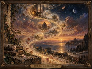 A luminous S-curve of golden light winds through translucent memory bubbles above a twilight coast, evoking love, loss, and remembrance. Warm amber, rose, and indigo tones blend across sea and sky, while drifting petals, old books, flowers, distant figures, and glowing horizons enrich the textured, handcrafted, dreamlike composition.