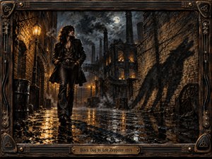 A lone, swaggering figure crosses a rain-slick industrial alley beneath a stormy moon, surrounded by weathered brick, glowing factory windows, and drifting smoke. Amber lamplight reflects across black cobblestones, contrasting with cold blue-gray shadows. Rich oil-and-charcoal textures, dramatic chiaroscuro, a looming hound-like shadow, and an ornate rock-inspired frame create brooding 1970s intensity.