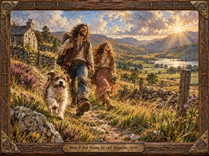 A joyful bohemian couple and shaggy dog stride along a winding country path through a sunlit Welsh-inspired valley. Warm golds, earthy greens, heather purples, and blue-gray hills glow beneath dramatic late-afternoon clouds. Rich impasto textures, rustic stonework, carved spirals, and an ornate wooden musical frame create a nostalgic handcrafted folk-rock atmosphere.