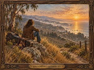 A solitary traveler sits on a rocky California hillside beside a weathered guitar case, gazing across misty coastal mountains and a glowing ocean sunset. Warm gold, ochre, sage, and blue-gray tones create a reflective, hopeful mood. Painterly textures, windblown grasses, eucalyptus, a winding road, and an ornate carved frame deepen the handcrafted atmosphere.