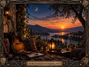 A richly textured twilight terrace overlooks a glowing river valley beneath a crescent moon and fading sunset. A weathered acoustic guitar, patterned cushions, open journal, lanterns, and smoking bowl create an intimate, reflective mood. Warm amber light contrasts with deep blues, framed by ornate, aged metalwork and carved decorative details.