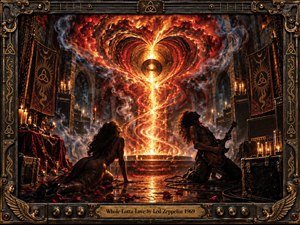 A fiery heart-shaped vortex blazes above a shadowy rock ritual chamber, drawing two silhouetted figures toward its molten center. Deep crimson, amber, black, and smoky blue create a sensual, dangerous mood. Dramatic candlelight, reflective stone, rose petals, vintage amplifiers, ornate banners, and a bronze instrument-inspired frame enhance the richly textured oil-painted style.