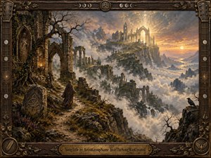 A solitary traveler follows a rugged mountain path toward luminous Gothic ruins rising above a vast sea of clouds. Golden sunset light breaks through a stormy sky, illuminating mist, stone arches, twisted trees, and distant peaks. Rich earth tones, weathered textures, and ornate guitar-inspired framing create a mystical, contemplative atmosphere.
