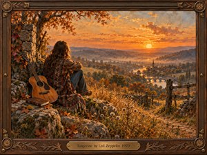A solitary long-haired figure rests beside an acoustic guitar on a rocky autumn hillside, overlooking a misty river valley at sunset. Warm tangerine, amber, and bronze light fills the nostalgic scene, rendered like a richly textured oil painting. An ornate carved wooden frame with brass details enhances the reflective, bittersweet mood.