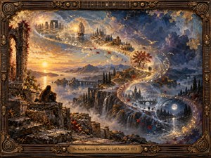 A lone guitarist overlooks a vast dreamlike landscape where a glowing S-shaped ribbon of music winds through shifting memories, ancient ruins, distant cities, autumn trees, snowy castles, and moonlit water. Warm golds fade into deep blues beneath dramatic skies, while richly textured painterly surfaces and an ornate guitar-inspired frame create timeless grandeur.