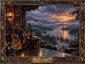 A rain-washed mountain lake glows beneath a dramatic sunset, viewed from a rustic cabin terrace where an acoustic guitar, lantern, flowers, books, and steaming mug suggest quiet reflection. Warm amber light contrasts with cool misty blues and wet evergreen forests, framed by ornate carved wood, metalwork, and musical details.