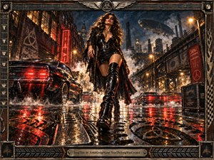 A confident woman in black leather strides through a rain-soaked industrial city, surrounded by muscle cars, glowing red taillights, steam, and towering factories. Dramatic amber lamps and neon reflections illuminate slick pavement and scattered machinery. The richly detailed, dark metallic artwork feels powerful, sensual, gritty, and charged with relentless rock energy.