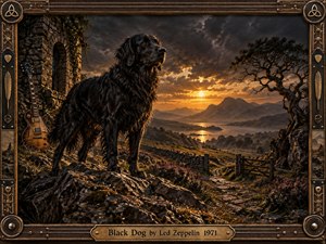 A majestic black dog stands on rugged rocks above a misty mountain valley at sunset, framed by ancient stonework, a weathered guitar, and a windswept tree. Golden light cuts through stormy clouds, illuminating water and distant peaks. Rich bronze, charcoal, and amber tones create a dramatic, handcrafted 1970s rock atmosphere.