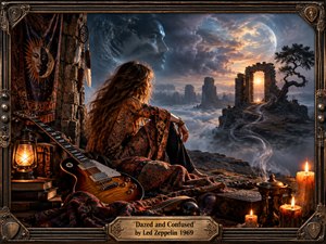 A long-haired figure rests beside a sunburst electric guitar on richly patterned textiles, overlooking misty cliffs, ancient ruins, and a glowing portal beneath a vast moonlit sky. Warm amber candles contrast with cool blue-gray clouds, creating a hypnotic, unsettled mood. Ornate metal framing, mystical details, and cinematic realism deepen the dreamlike atmosphere.