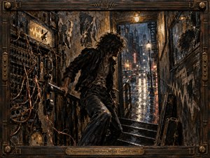 A restless young figure moves through a decaying stairwell toward a rain-slick city street, surrounded by tangled wires, damaged electronics, and fractured reflections. Deep blacks, tarnished bronze, amber light, and cool blue rain create tense contrast. Textured oil and charcoal surfaces, gritty details, and the ornate musical frame intensify the raw late-1960s rock atmosphere.