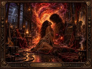 A passionate couple kneels together in a shadowy vintage loft as a blazing red-orange vortex coils behind them. Guitars, amplifiers, records, candles, and worn furnishings evoke late-1960s rock culture. Dramatic firelight, deep crimson fabrics, smoky shadows, and ornate bronze framing create a sensual, mystical, intensely charged oil-painted atmosphere.