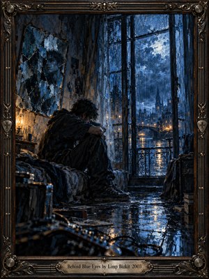 A solitary man hunches on a worn bed beside a rain-streaked window overlooking a moonlit city. Fractured mirror reflections suggest hidden anguish, while scattered belongings deepen the isolation. Expressive oil brushstrokes blend midnight blues, charcoal shadows, and faint amber lights. An ornate guitar-inspired metal frame encloses the haunting scene.