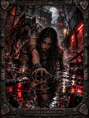 A fierce, dark-haired woman crawls through a rain-soaked industrial alley beside a hulking black dog. Crimson neon, pale moonlight, drifting steam, and distorted puddle reflections intensify the predatory tension. Rusted machinery and towering structures surround the pair, while an ornate metal frame reinforces the gritty, cinematic digital artwork.