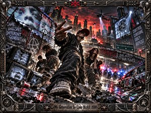 A rebellious young man strides through a shattered city street, surrounded by defiant youths, broken televisions, graffiti, and looming skyscrapers. Fiery red skies, helicopter searchlights, and flashing police lights intensify the chaotic atmosphere. Gritty digital realism, dramatic perspective, and an industrial guitar-inspired metal frame capture raw generational anger.