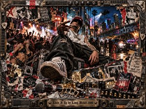 A swaggering figure lounges above a chaotic nightlife collage, framed by battered metal and amplifier hardware. Neon city lights, concert crowds, scattered money, torn posters, and a hovering helicopter surround him. Fiery orange, electric blue, and gritty black tones intensify the rebellious, decadent atmosphere of this densely layered mixed-media artwork.