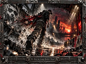 A defiant figure strides through a shattered industrial corridor toward a blazing crimson sunset. Smoke, sparks, flying debris, and wet reflections animate the dystopian cityscape. Harsh spotlights pierce charcoal shadows, emphasizing the dramatic digital realism. A distressed metallic frame with bolts, cables, and engraved lettering reinforces the rebellious atmosphere.