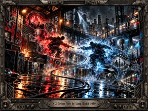 Two shadowy figures collide amid swirling red and blue energy in a rain-soaked industrial city. Graffiti, speakers, vinyl records, and passing trains evoke rebellious musical fusion. Dramatic neon reflections illuminate smoky streets beneath towering skyscrapers. A rugged metallic frame with amplifier details completes this electrifying digital composition.
