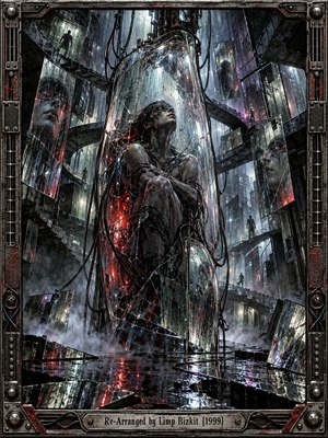 A solitary figure crouches inside a shattered glass chamber, surrounded by fractured mirrors, tangled cables, and towering industrial structures. Cold blue-gray light and crimson reflections illuminate rain-soaked surfaces and drifting fog. This surreal digital artwork captures isolation, emotional turmoil, and transformation, enclosed within an intricately detailed metallic frame.