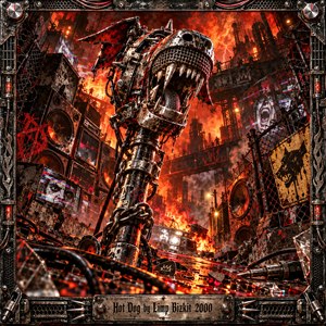 A snarling mechanical microphone beast towers above a burning industrial alley, surrounded by shattered speakers, tangled cables, graffiti, and flickering screens. Fiery orange skies illuminate twisted steel and smoky ruins. Aggressive digital artwork combines gritty metallic textures, cinematic shadows, and chaotic energy within an elaborate industrial frame.