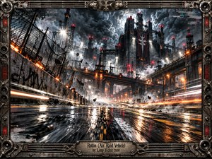 A storm-lashed industrial city looms beyond a rain-slick highway, its towering steel structures pierced by harsh white lights and red beacons. Orange and white streaks race across reflective pavement, conveying relentless speed and aggression. Dark thunderclouds, shattered fencing, and a riveted amplifier-inspired frame complete the gritty digital artwork.